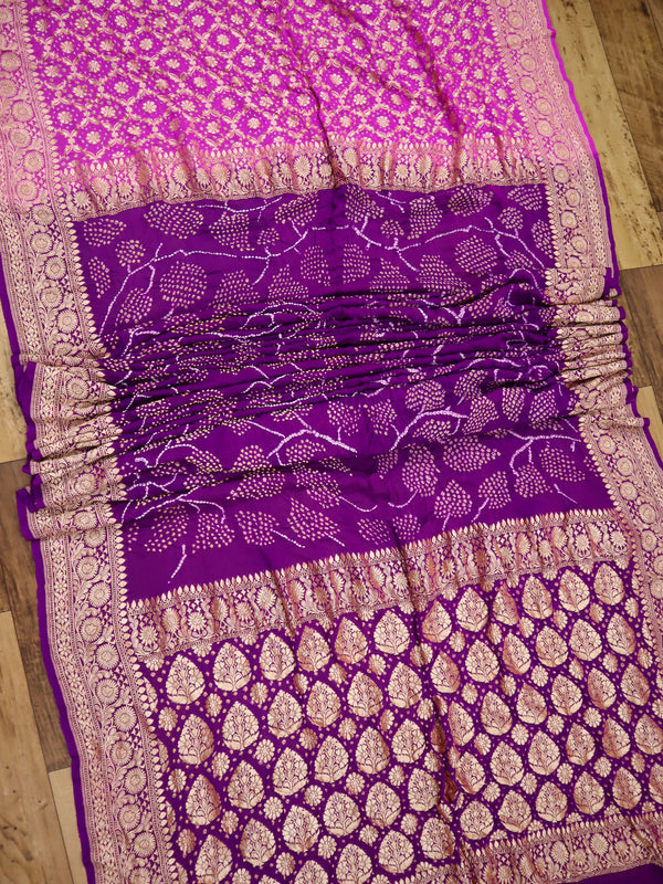 Saree Pure Khaddi Georgette Half and Half with Sarkam Bandhani