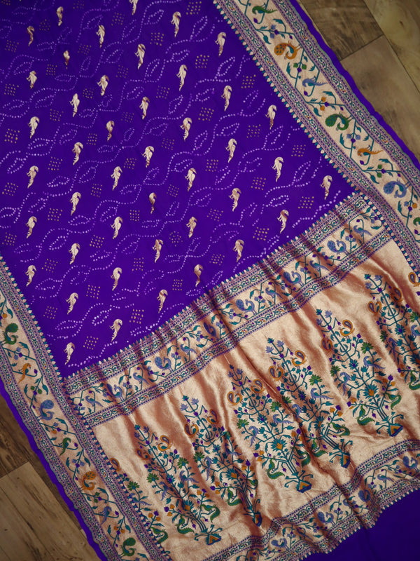 Saree Pure Khaddi Georgette  Minakari Peacock Butti with Sarkam Bandhani