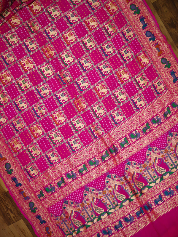 Saree Pure Khaddi Georgette Minakari Elefant Gharchola with Bandhani